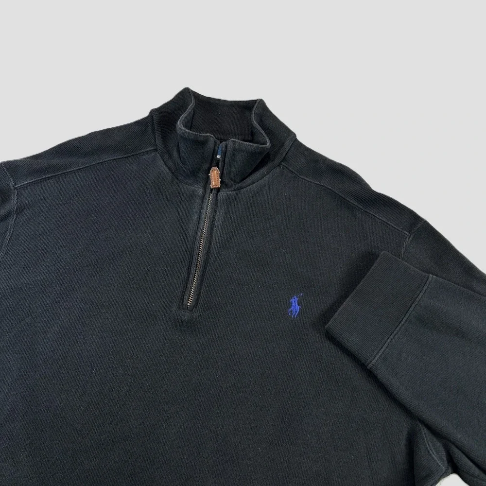 Polo Ralph Lauren Quarter Zip Pullover XL Black Estate Rib Cotton Blue Pony Logo